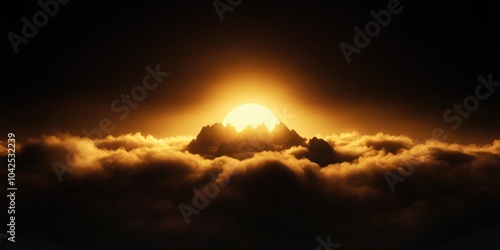 A ridge emerging from the fog, soaking in the final warm light of the day, A ridge emerging from the fog illuminated by warm light photo