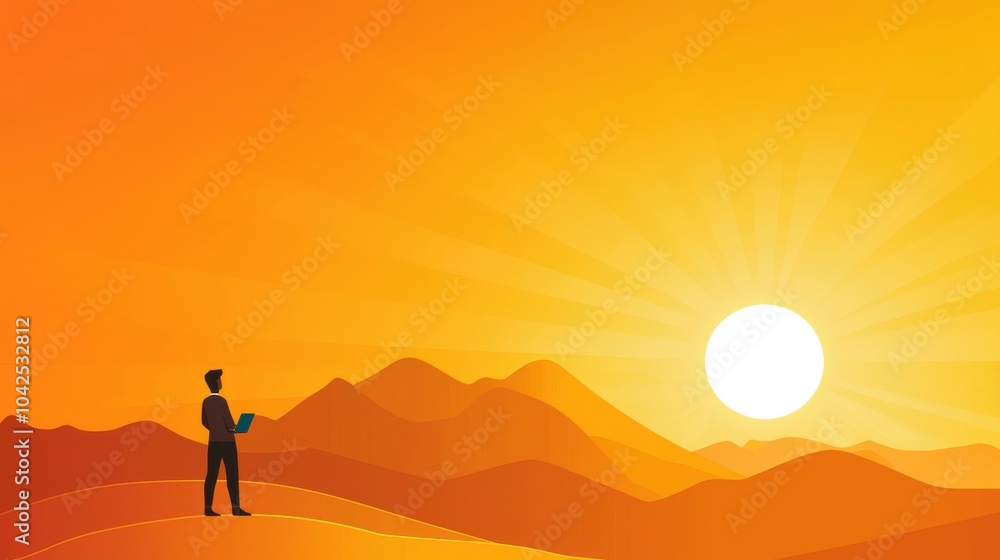 Fototapeta premium Person Watching Sunrise with Laptop in Hand