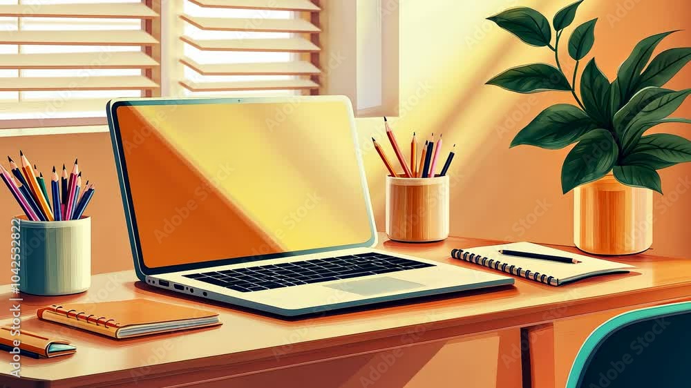 Bright and cozy workspace featuring a laptop, stationery, and a plant, creativity and productivity concept Bright and cozy workspace featuring a laptop, stationery, and a plant, creativity and productivity concept