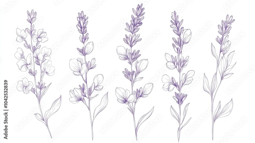 Obraz premium Lavender Line Illustration Monochrome Floral Arrangements Flower Coloring Sheet Line Art Flowers Fine Line Lavender Design Hand Drawn Botanicals Floral Art for Wedding Invitations