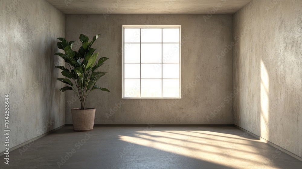 3D rendering of a spacious vacant room featuring a window and a potted plant devoid of furniture and decorations 3D rendering of a spacious vacant room featuring a window and a potted plant devoid of furniture and decorations