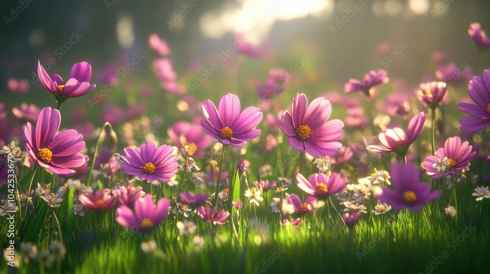 Fototapeta premium Cosmos flowers in full bloom depicted through 3D cartoon rendering