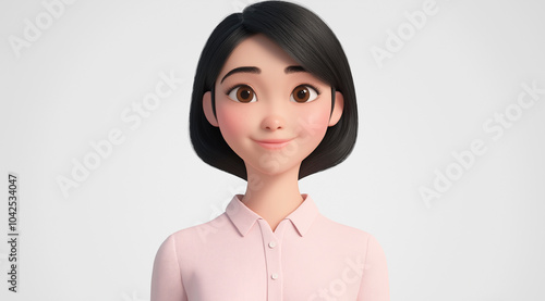 Retrato de close-up de personagem 3D de uma mulher asiática calma em uma blusa rosa claro, com um sorriso suave e rosto relaxado, em um fundo branco, estilo desenho animado, no estilo de design 3D photo