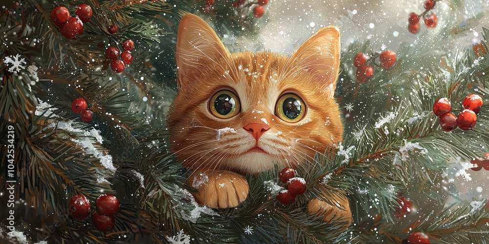 A cute ginger cat sitting in the Christmas tree, generative AI A cute ginger cat sitting in the Christmas tree, generative AI