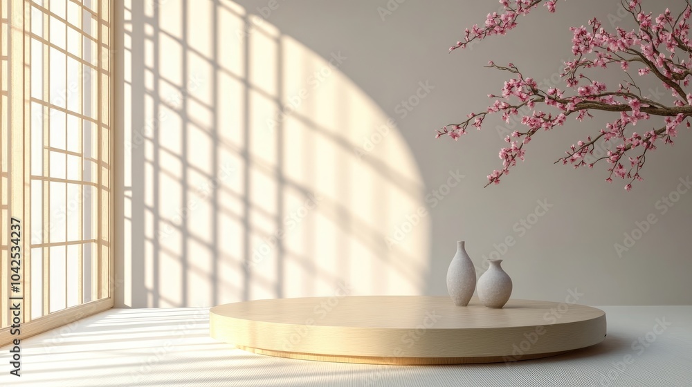 Japanese style architectural podium background for branding and product presentation 3D rendered illustration Japanese style architectural podium background for branding and product presentation 3D rendered illustration
