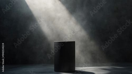 Dimly Lit Studio Space Featuring a Glossy Black Pedestal a Spotlight and Light Fog Elegant Minimalist Background for Product Display with Ample Copy Space 3D Render