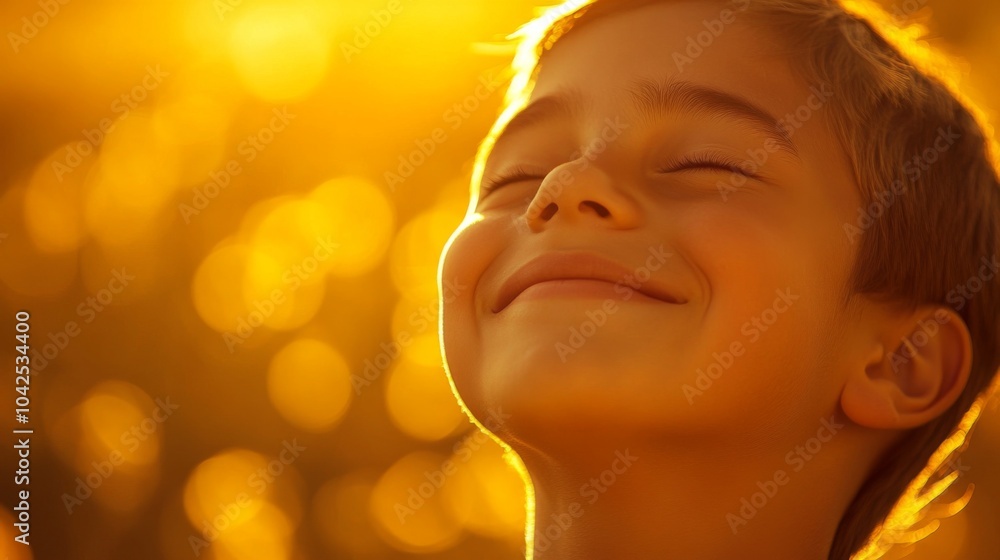 Fototapeta premium A Young Boy Smiles Upward, Bathed in Golden Sunlight