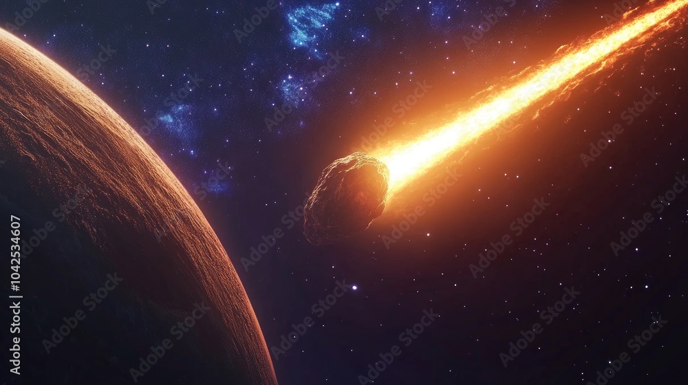 Naklejka premium 3D cartoon depiction of a glowing asteroid and a comet tail approaching the planet posing a threat to Earth s safety