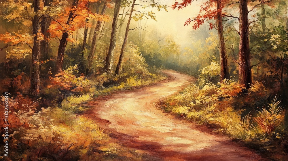 Obraz premium Oil painting depicting an enchanting hiking trail through a picturesque forest showcasing the serene beauty of an autumn landscape and harmony in nature