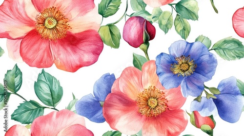 Bright watercolor flowers of wild rose Seamless pattern Background for fabric linen and clothing