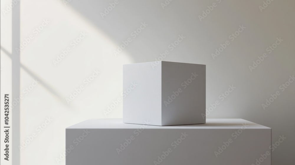 A minimalist white cube displayed on a pedestal in a softly lit room. A minimalist white cube displayed on a pedestal in a softly lit room.