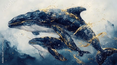 Watercolor style artwork featuring a mother whale and her calf accented with golden line art elements Ideal for posters prints decor interior design or wallpaper photo