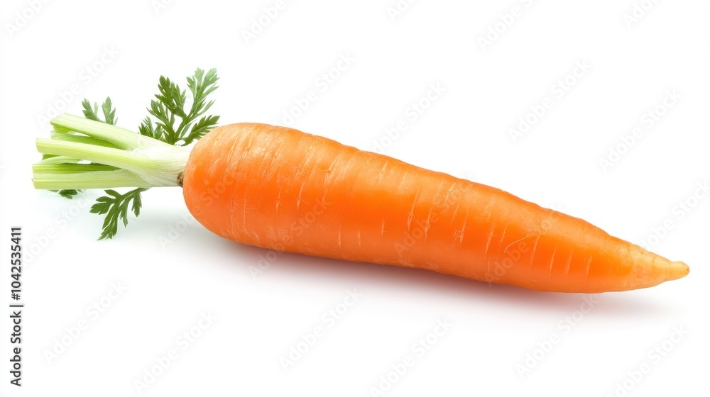 A fresh orange carrot with green leaves, showcasing its natural appearance. A fresh orange carrot with green leaves, showcasing its natural appearance.