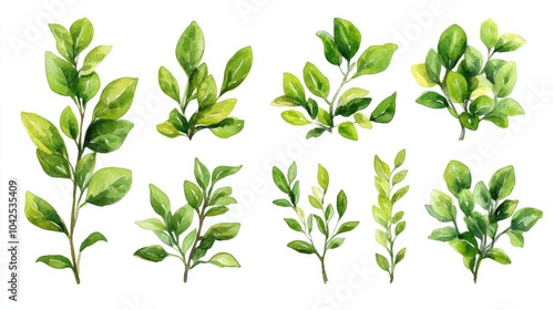 Watercolor set of Buxus leaves and branches Realistic hand painted illustration of boxwood foliage isolated on a white background