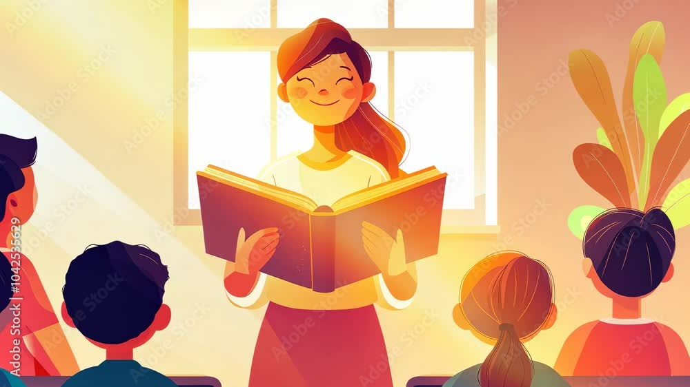 A bright illustration of a storyteller captivating a group of children in a cozy learning environment. A bright illustration of a storyteller captivating a group of children in a cozy learning environment.