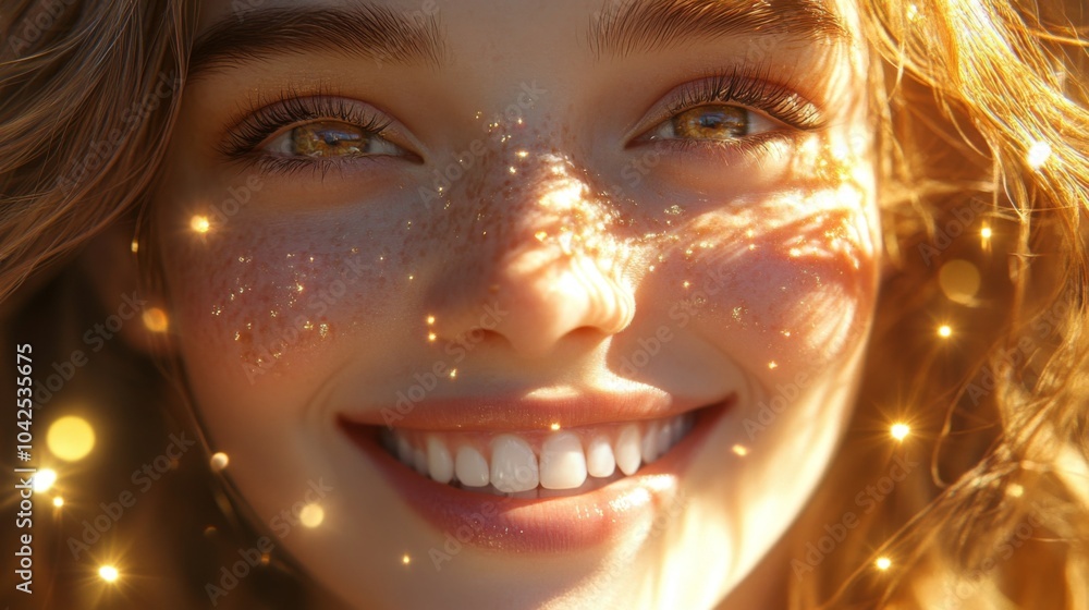 Close-up portrait of a young woman with freckles and a smile, sunlight shining on her face. Close-up portrait of a young woman with freckles and a smile, sunlight shining on her face.