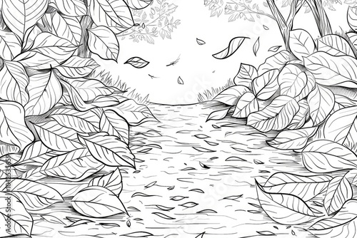 Coloring book illustration of leaves scattered along a pathway photo