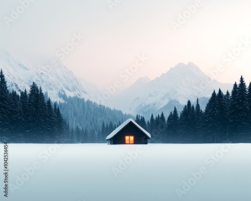 A serene winter landscape with a cozy cabin amidst snow-covered mountains.