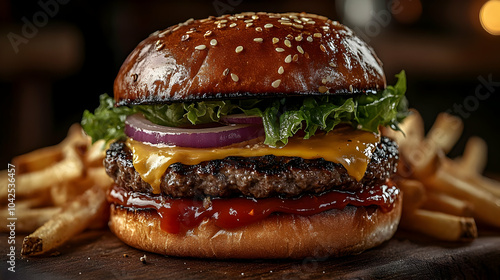 A juicy cheeseburger with f...