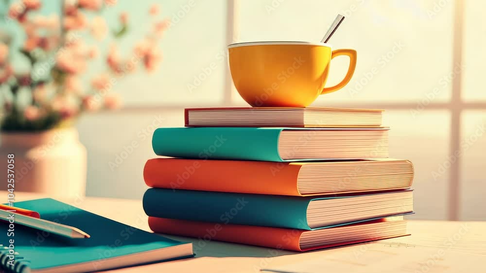 A cozy arrangement of stacked books and a cup, inspiring creativity concept A cozy arrangement of stacked books and a cup, inspiring creativity concept