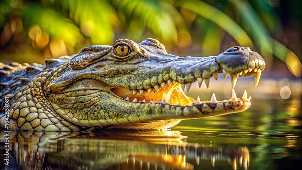Obraz premium A reptile's powerful jaw emerges from the tranquil water, a stark reminder of nature's raw power and the delicate balance of life and death in the wild.
