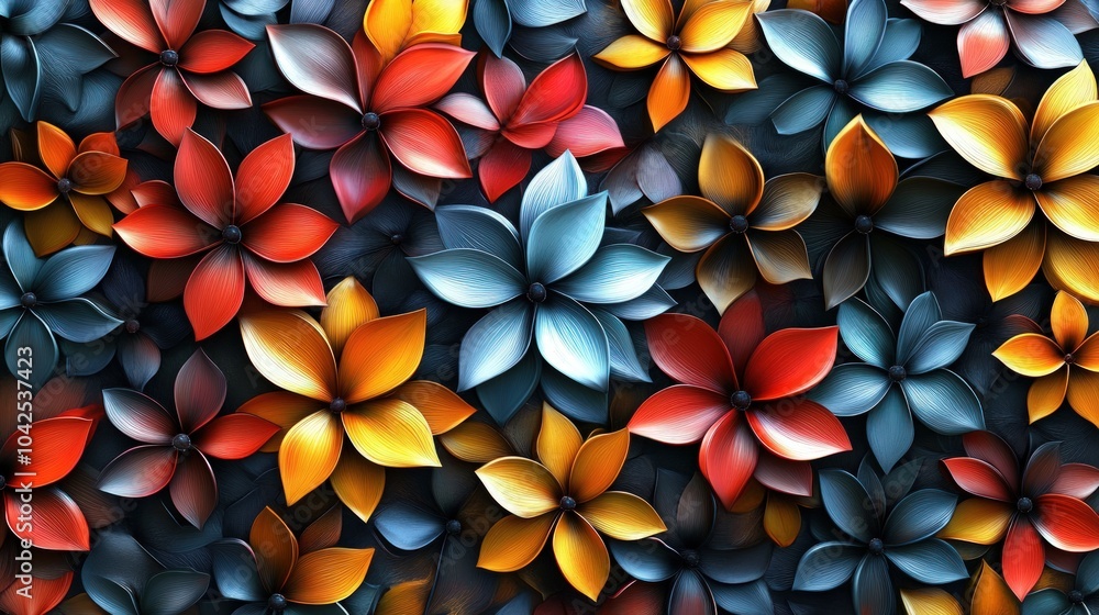 Colorful 3D flower pattern in red, blue, yellow and orange. Colorful 3D flower pattern in red, blue, yellow and orange.