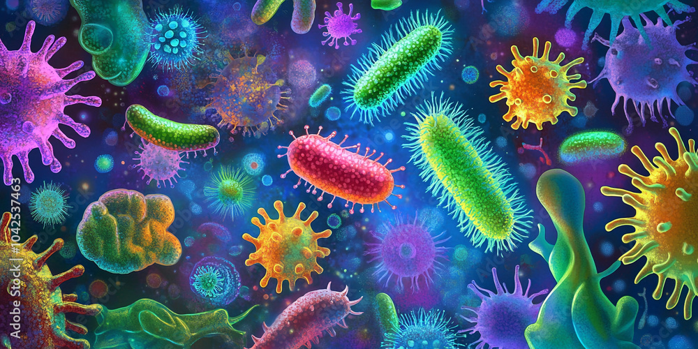 Naklejka premium Microscopic View of Bacteria Culture in the Gut with Colorful Pathogens and Healthy Microorganisms