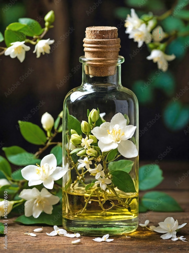 A clear glass bottle filled with golden jasmine oil sits on a rustic wooden table. A clear glass bottle filled with golden jasmine oil sits on a rustic wooden table.