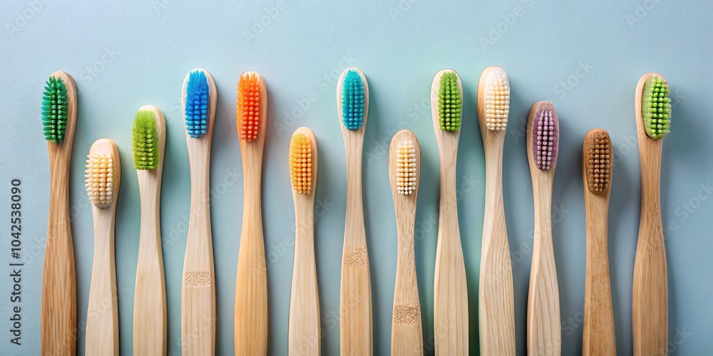 A row of colorful, eco-friendly toothbrushes arranged on a light blue background, showcasing a vibrant palette and commitment to sustainability. A row of colorful, eco-friendly toothbrushes arranged on a light blue background, showcasing a vibrant palette and commitment to sustainability.