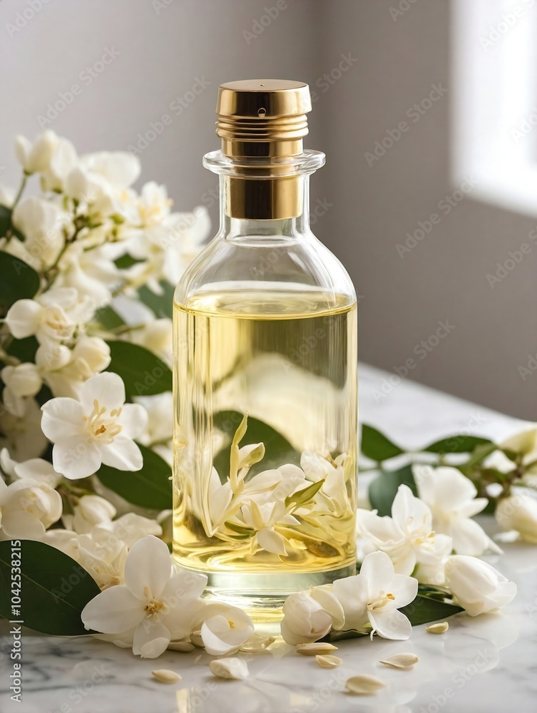 A sleek glass bottle of jasmine oil is placed on a white marble countertop, surrounded by freshly picked jasmine flowers A sleek glass bottle of jasmine oil is placed on a white marble countertop, surrounded by freshly picked jasmine flowers