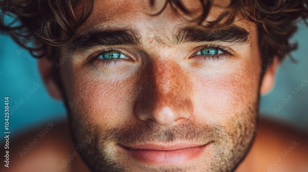 Close-up Portrait of a Man with Wavy Brown Hair and Blue Eyes Close-up Portrait of a Man with Wavy Brown Hair and Blue Eyes