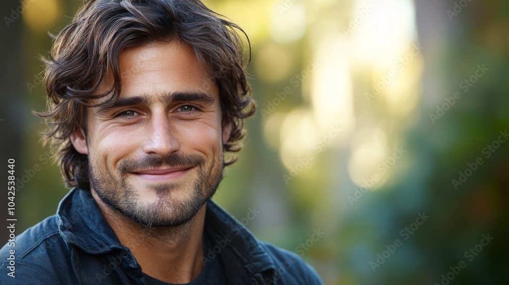 Portrait of a smiling man with brown hair and beard, outdoors against a blurred green background Portrait of a smiling man with brown hair and beard, outdoors against a blurred green background