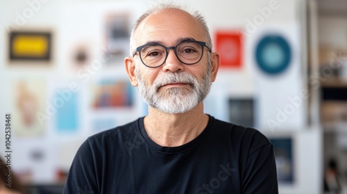 A mature man with a grey beard and glasses stares at the camera with a serious expression.