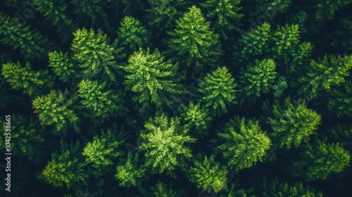 A lush green forest from an aerial perspective showing the tops of the trees.