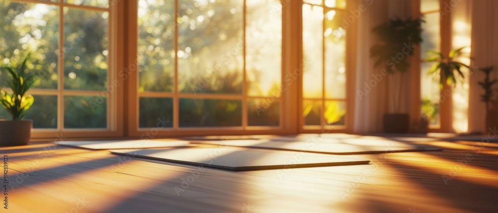 Fototapeta premium A serene yoga space with sunlight streaming through large windows and plants.