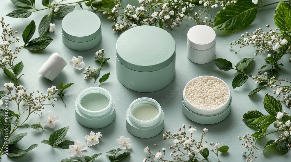 Green Beauty Products Surrounded by White Flowers and Leaves Green Beauty Products Surrounded by White Flowers and Leaves