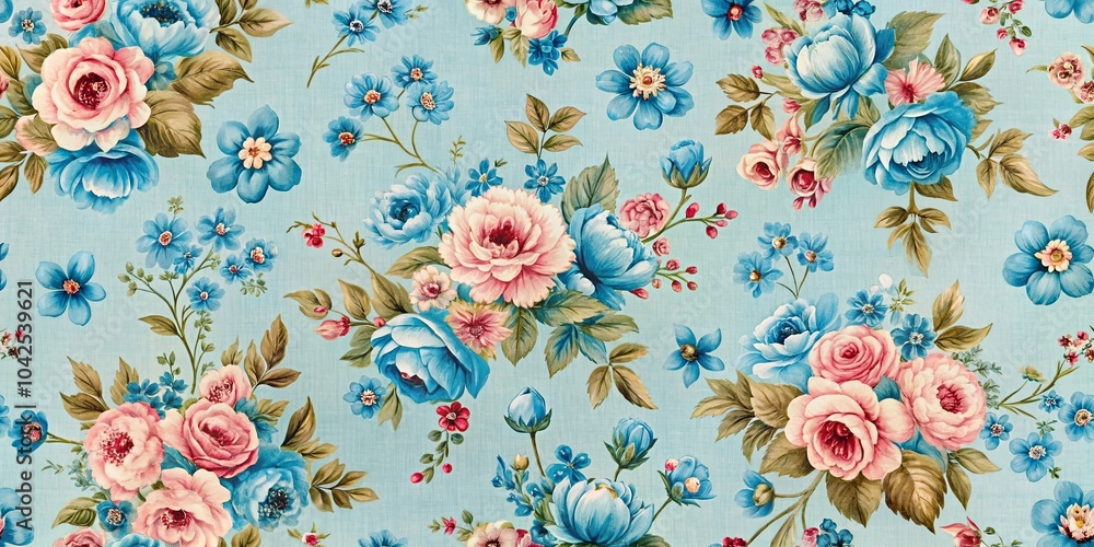 Fototapeta premium A delicate tapestry of blue and pink blooms, interwoven with verdant leaves on a soft blue canvas.