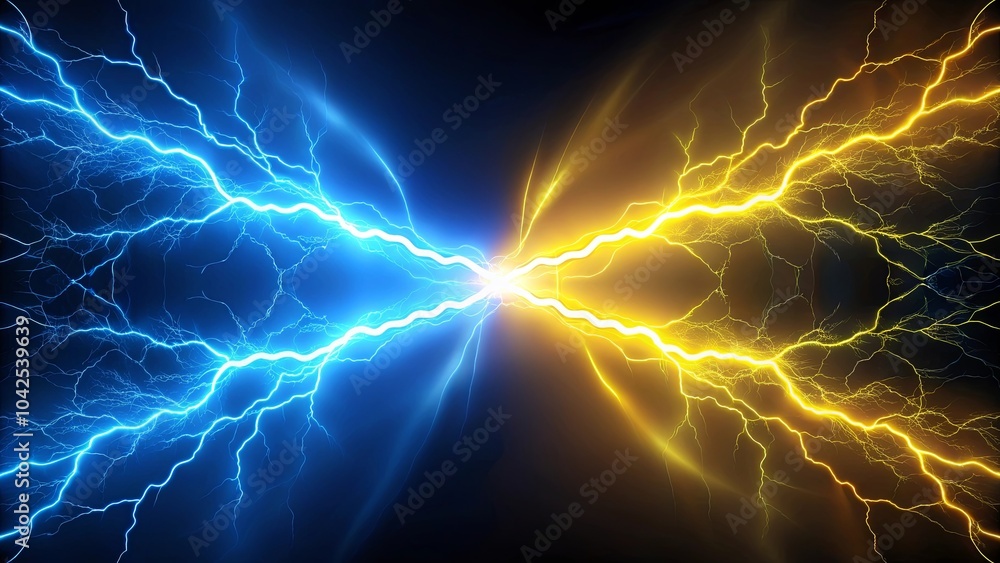 Clash of Opposing Energies A Dramatic Visual of Electric Blue and Vivid Yellow Lightning Bolts Colliding in a Fiery, Dark Sky Clash of Opposing Energies A Dramatic Visual of Electric Blue and Vivid Yellow Lightning Bolts Colliding in a Fiery, Dark Sky