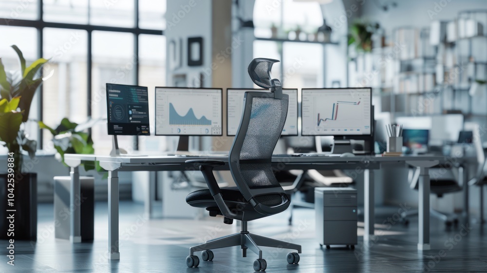 Modern Office Workspace with Multiple Monitors Modern Office Workspace with Multiple Monitors