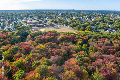 Aerial view of Massapequa Preserve Long Island with fall colors.