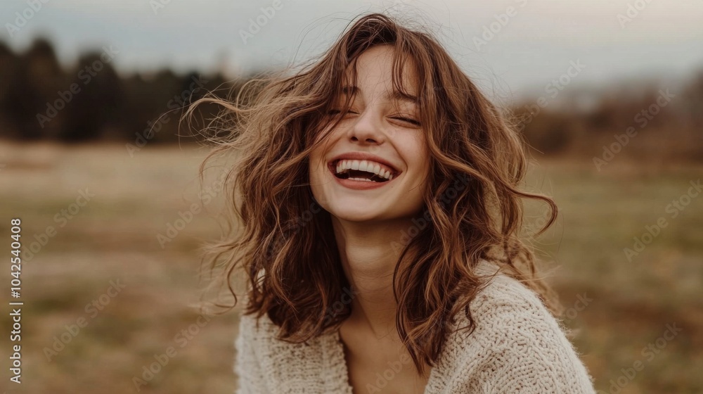 Portrait of a Young Woman with Brown Hair, Laughing Outdoors Portrait of a Young Woman with Brown Hair, Laughing Outdoors