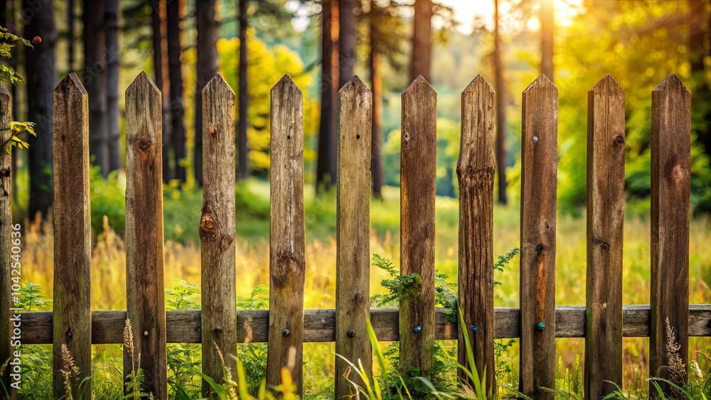 A weathered wooden fence with a blurred background of tall trees and green grasses in the sunlight. A weathered wooden fence with a blurred background of tall trees and green grasses in the sunlight.
