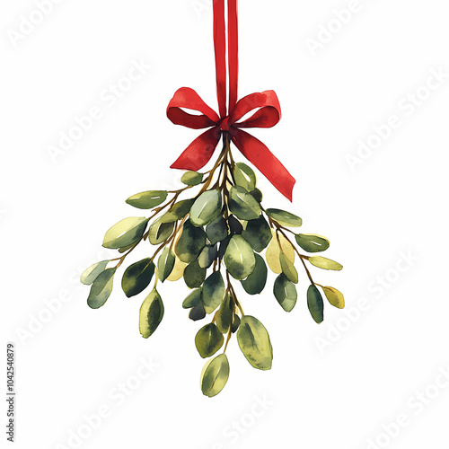 sprig of mistle toes hanging from the ceiling with red ribbon, xmas new year celebration decor clipart, watercolor illustration, isolated on a white background 