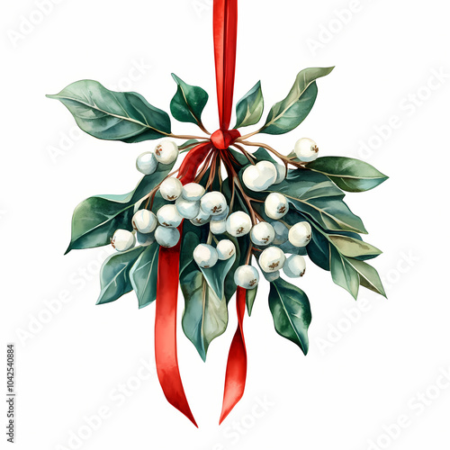 sprig of mistle toes hanging from the ceiling with red ribbon, xmas new year celebration decor clipart, watercolor illustration, isolated on a white background 