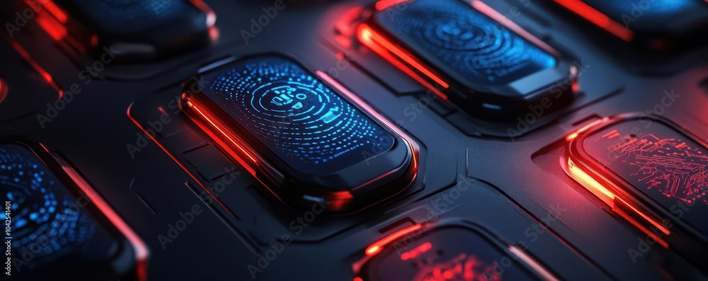 Biometric security systems, vibrant colors, tech devices, close-up, modern