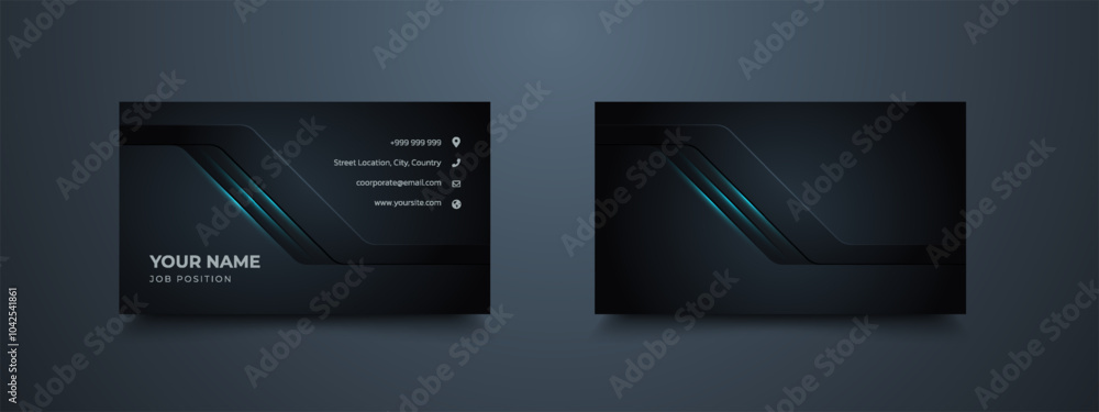 Futuristic business card design. Modern shape with neon blue light. Luxury dark gradient background. Futuristic business card design. Modern shape with neon blue light. Luxury dark gradient background.