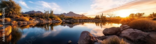 Desert oasis, vibrant colors, serene environment, wide shot, inviting