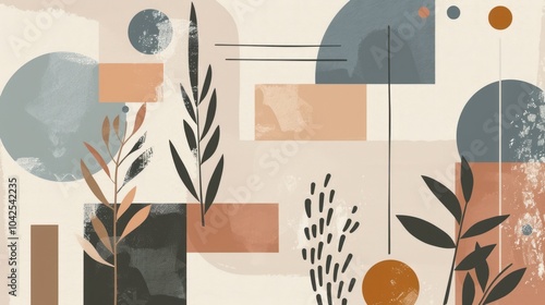 Abstract Minimalist Art with Branches and Geometric Shapes