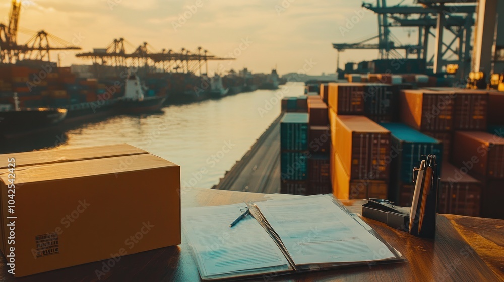 Fototapeta premium A shipping dock scene with containers, a package, and paperwork at sunset.