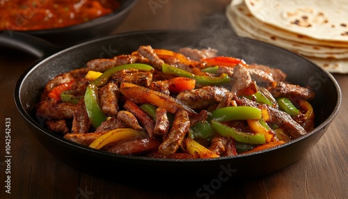 A sizzling platter of fajitas with colorful peppers and meat.